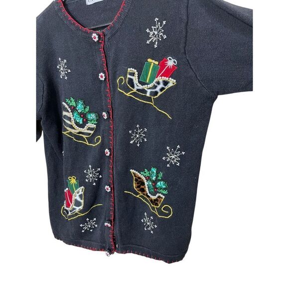 Vintage BP Design Christmas Cardigan Leopard Fur Sleighs Sequins/Pearls Size S - Picture 6 of 9